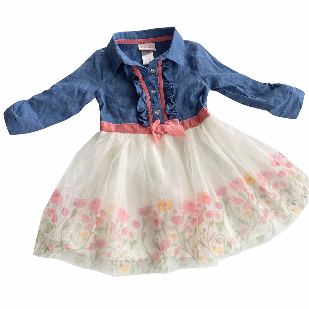 Little Lass 2T Denim Floral Tulle Dress Pink Bow GUC